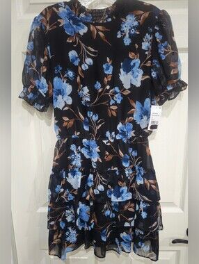 Crystal Doll Black Floral Mini Dress with Blue Blooms